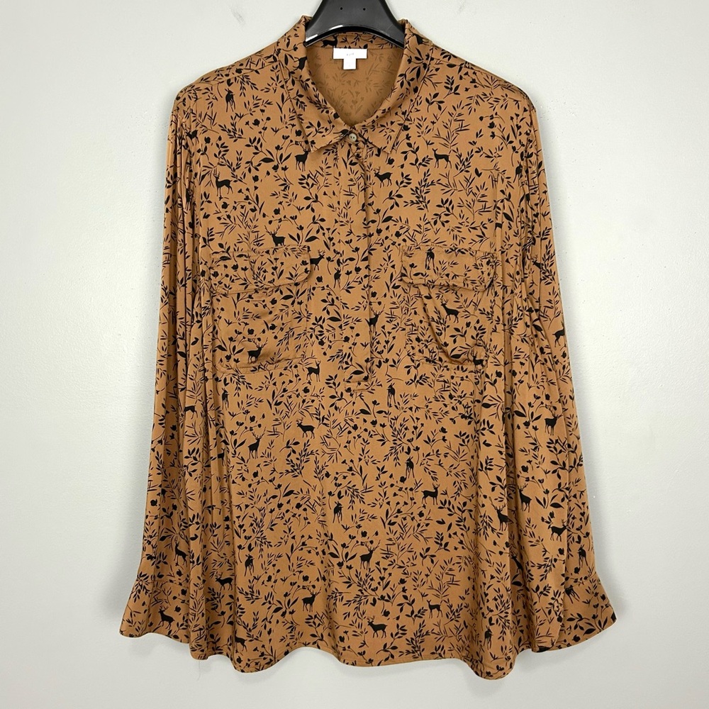 J. Jill Woodland Print Popover Blouse Women’s Size 3X Lightweight Satin Deer